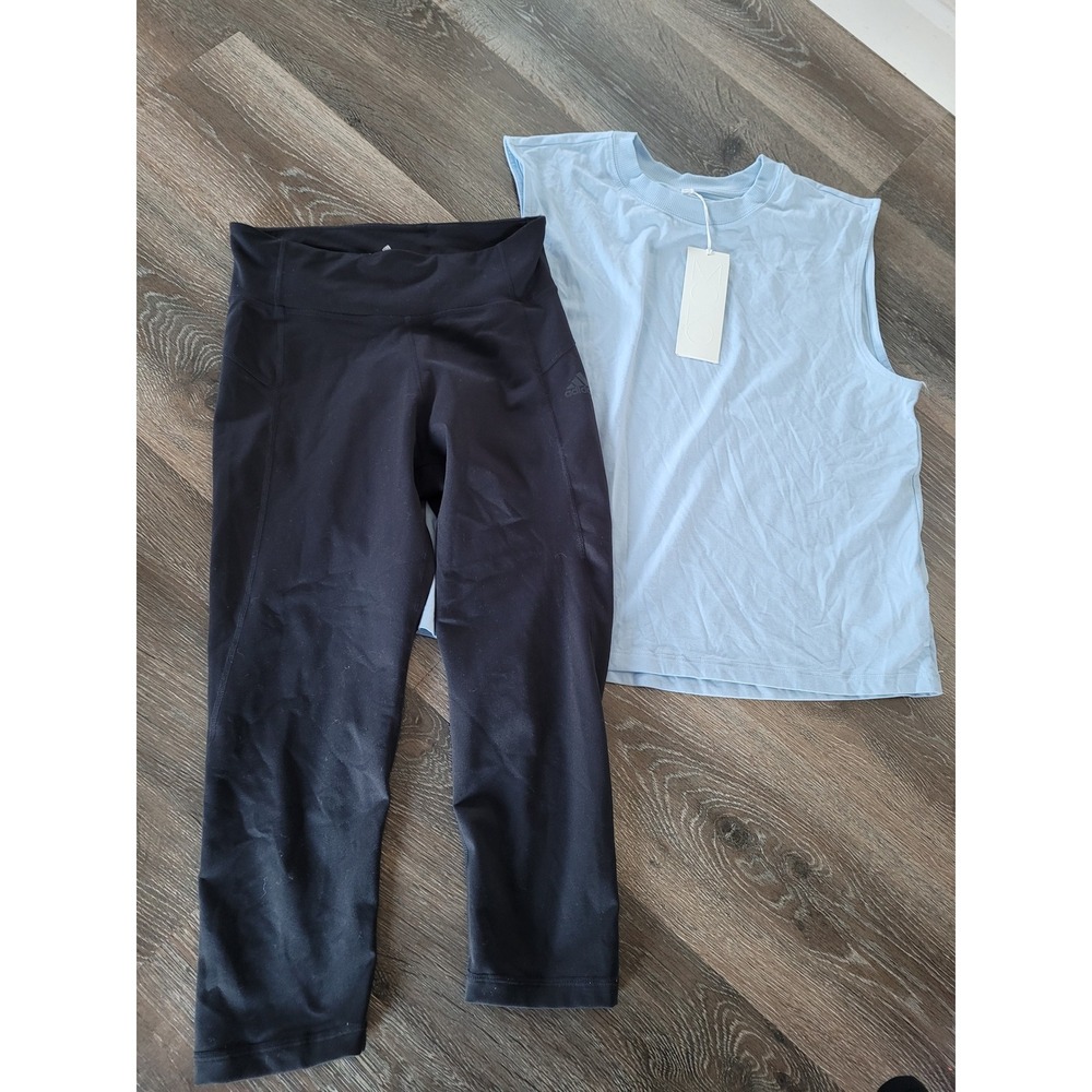 H&M Move Light Blue Tank Top Adidas Black Athleisure Leggings Set Size S #21